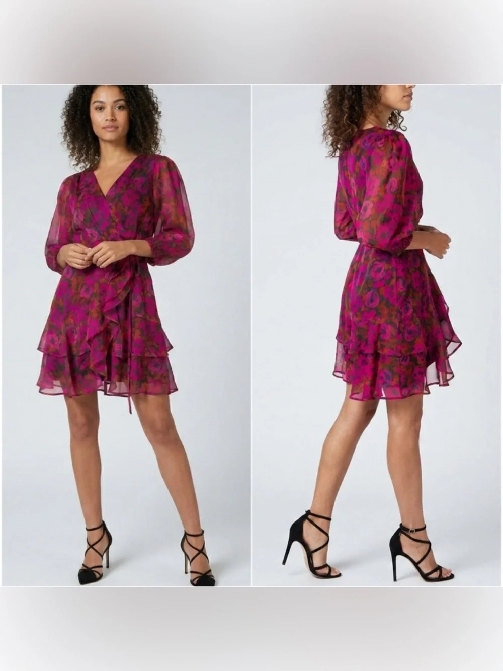 Esqualo Fuchsia Dress Chiffon Floral Wrap Ruffled Layered Balloon Sleeves Size 8 - Picture 1 of 10